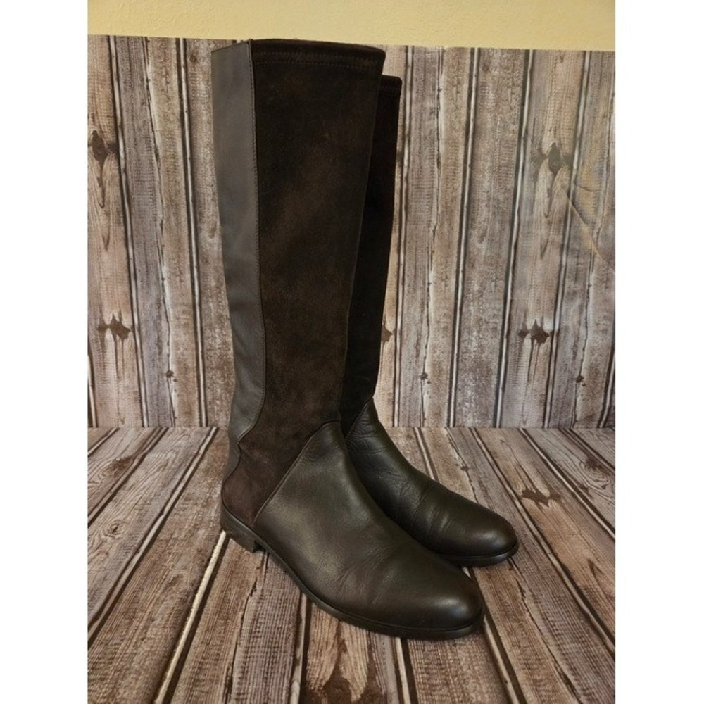 Sz 6.5 Aquatalia Brown Leather / Suede Panel Rear Zip Tall Riding Boots VGUC!